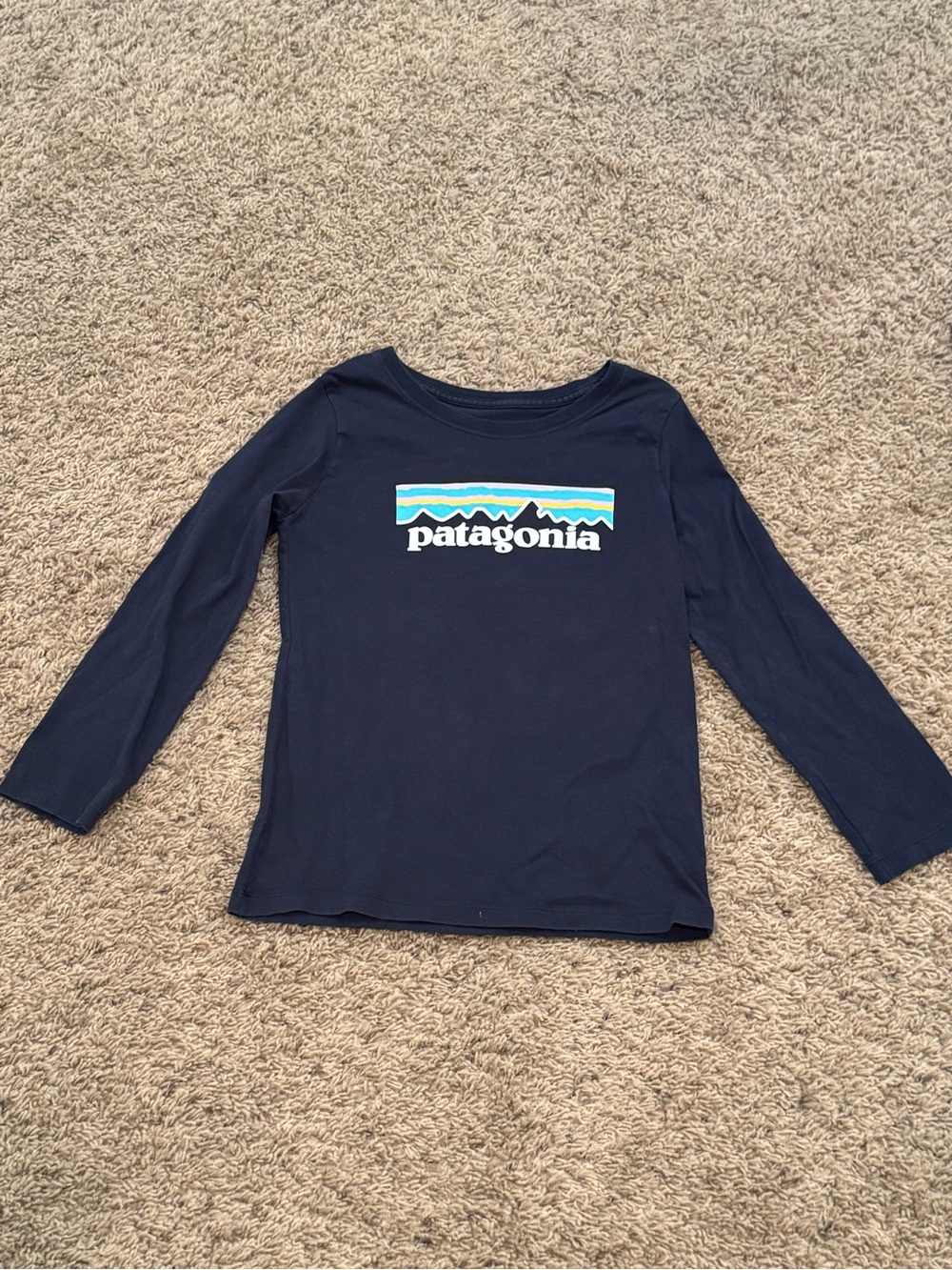 Girls Patagonia Navy Long-Sleeve Tee with Blue & White Logo Stripe